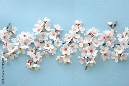 White cherry blossoms on blue background. Flat lay composition. Spring flowers concept. Springtime nature beauty. Design for wallpaper, background