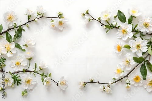 Frame with white blossom branches on a white background. Flat lay spring composition. Springtime nature beauty. Design for banner, invitation, greeting with copy space © dreamdes