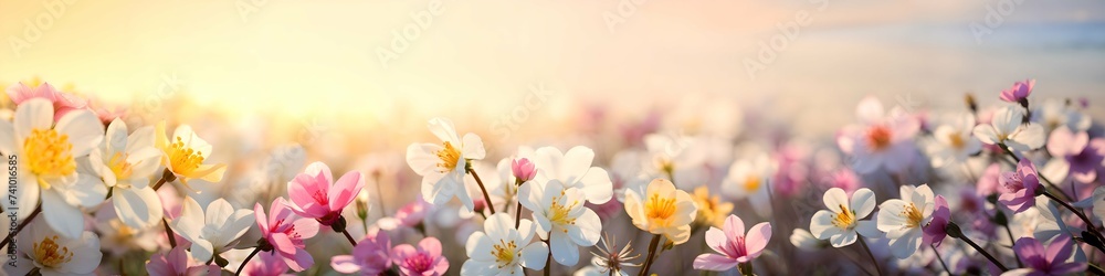 Panoramic view of flowers field at sunset. Beautiful spring meadow. Springtime nature beauty. Design for banner, header, background, greeting - obrazy, fototapety, plakaty 