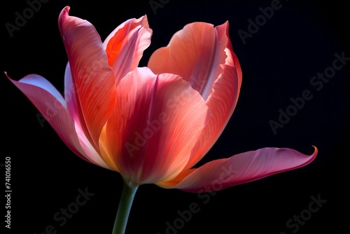 Single blooming tulip a black background. Spring flowers concept. Springtime nature beauty. Design for banner, poster