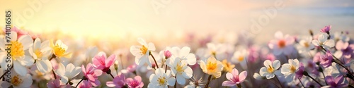 Panoramic view of flowers field at sunset. Beautiful spring meadow. Springtime nature beauty. Design for banner, header, background, greeting #741016585