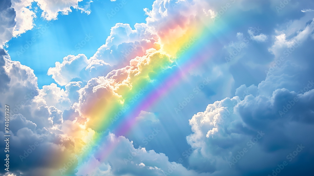A vibrant rainbow emerges from a cloud, shining against a backdrop of sunlit blue sky and fluffy clouds A vibrant rainbow emerges from a cloud, shining against a backdrop of sunlit blue sky and fluffy clouds