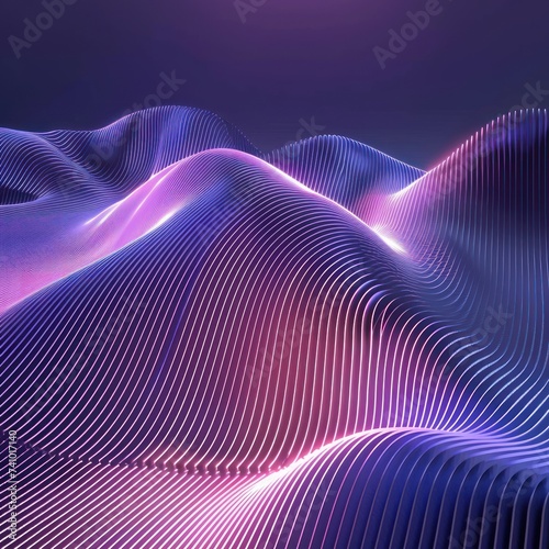 3d render, abstract geometric background illuminated with blue Turquoise neon light. Glowing wavy line