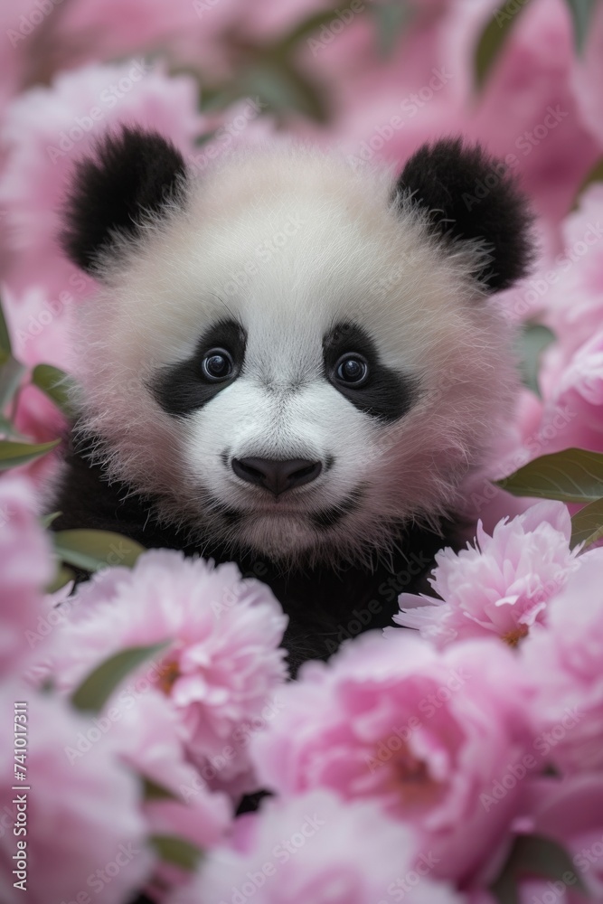 Naklejka premium Panda cub among a bed of soft pink peonies
