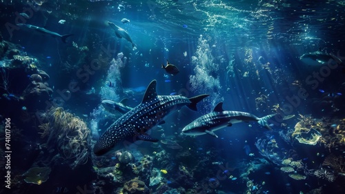 Underwater Marine Ecosystem - Majestic whale sharks glide through a vibrant coral reef teeming with marine life, illuminated by shafts of sunlight.