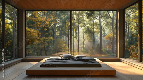 Stylish modern bedroom design with a sleek platform bed and a corner window framing a picturesque forest landscape  Scandinavian style