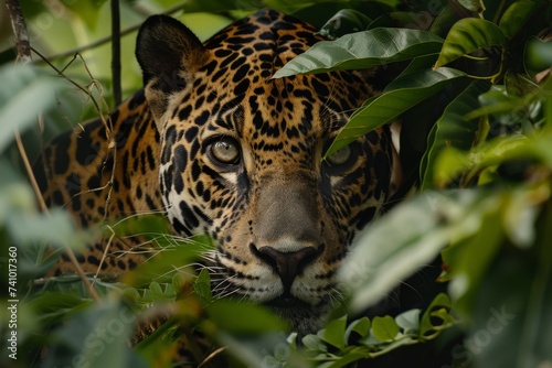 Stealthy Jungle Predator - A hidden jaguar watches intently from the camouflage of lush foliage  embodying the essence of survival and adaptability in the wild.