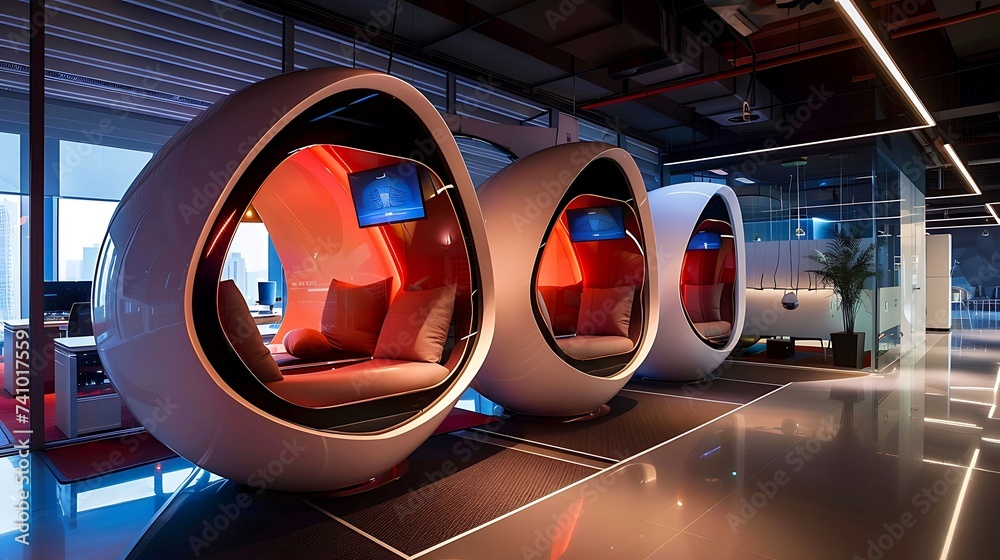 Tech centric office with futuristic pods and interactive screens, modern office interior design - obrazy, fototapety, plakaty 
