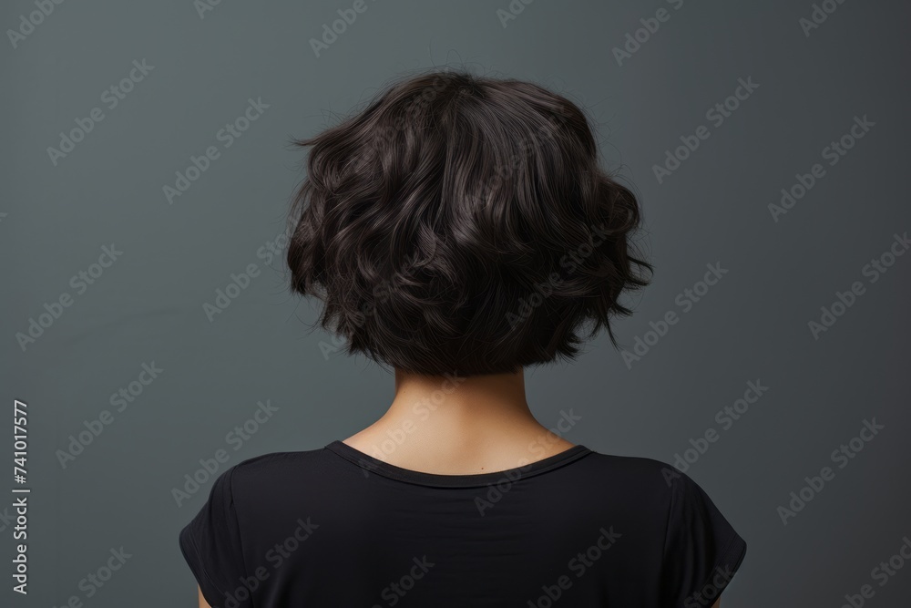 Rear view of a girl with short black hair, care and hair care concept Rear view of a girl with short black hair, care and hair care concept
