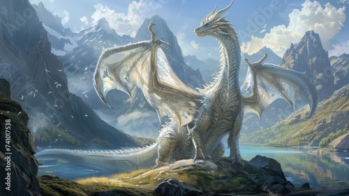 Majestic Mountain Dragon - An artwork of a dragon perched atop a mountain, a powerful symbol of fantasy and mythical strength. © Tida