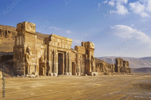 Ancient Desert Temple Ruins - Majestic ancient ruins in a desert, clear sky above