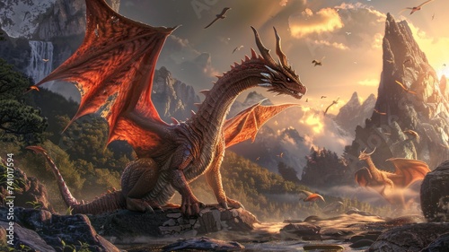 Fierce Dragon Encounter - A fearsome dragon in an enchanted land, a portrayal of the thrilling encounters found in fantasy tales.