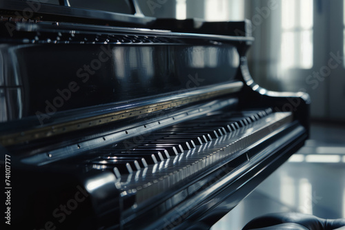 Black grand piano in room, side view. Generative AI © barmaleeva