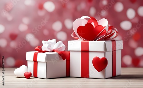 gift box with ribbon gift for Valentine's Day - in the form of a box and hearts Present boxes Valentine day holiday background, copy space. Gifts shopping   © Hassan