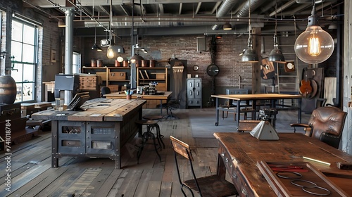 Vintage industrial office with repurposed materials and antique fixtures  modern office interior design