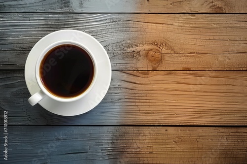a white cup of coffee on wooden table, in the style of aerial view, contrasting