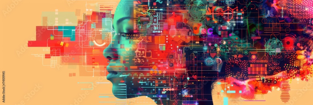 Futuristic Digital Mind Interface - Complex digital graphics overlaying a human silhouette in vibrant colors