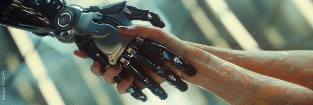 Human and Robot Hand Connection - A human and robotic hand in a symbolic gesture of connection and technological advancement - obrazy, fototapety, plakaty 