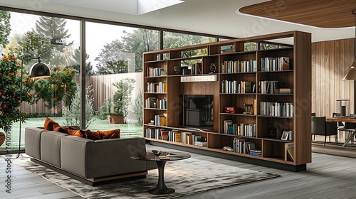 A bookshelf integrated into a room divider, serving as both a functional storage solution and a design element that defines separate living spaces within an open, concept layout