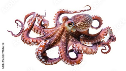 front-on view of floating friendly-looking octopus with long tentacles, 4 tentacles facing left and 4 tentacles facing right, on white background, light maroon, in the style of national geographic pho