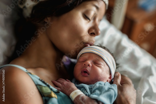 A woman sitting on a hospital bed, cradling her newborn baby in her arms. The woman is wearing a hospital gown, and the baby is wrapped in a blanket photo