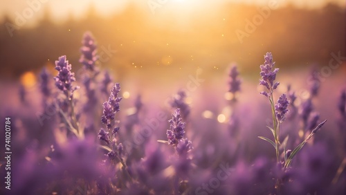 Lavender field in morning sunlight, beautiful nature photo bokeh background