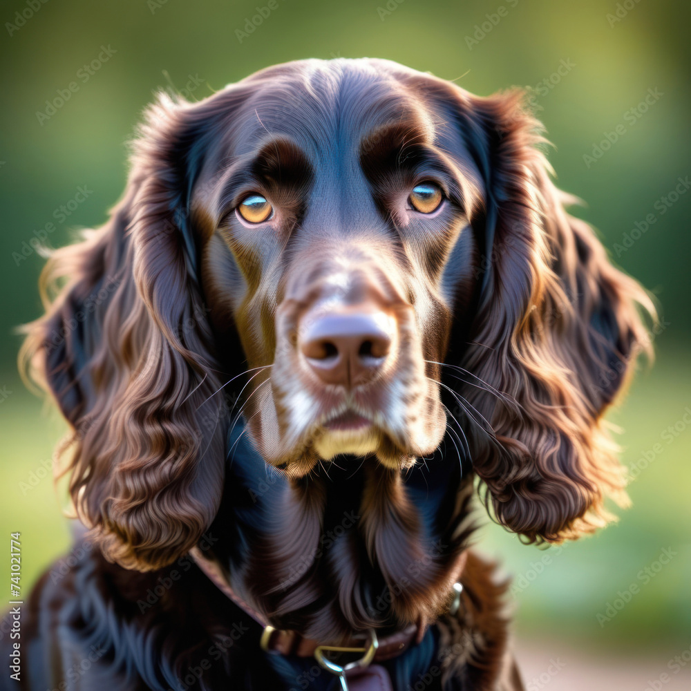 Portrait of American Water Spaniel with the nature landscape on background.