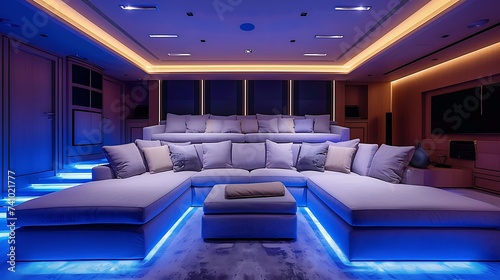 A sectional sofa with a built in sound system and adjustable LED mood lighting, creating a cinematic experience for movie enthusiasts in a media room