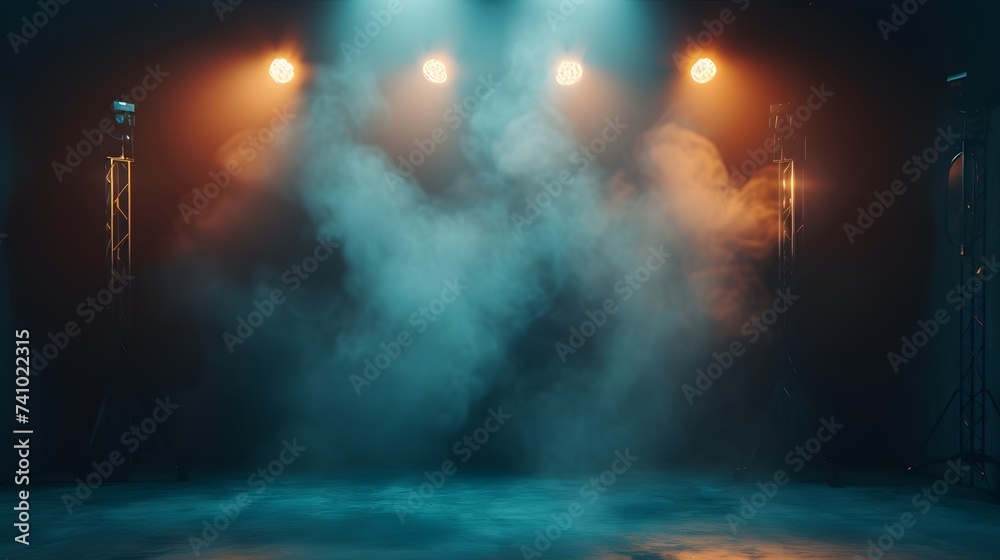 Obraz premium Empty stage with spotlights and smoke banner background with copy space