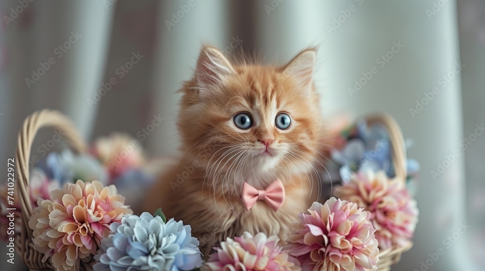 A small red kitten sits in a basket with flowers. Close-up. AI generated.