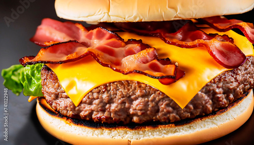 The of a photo of a delicious burger with beef, yellow cheese, and bacon