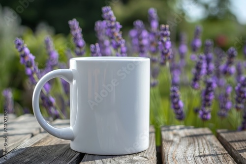 White mug on a wooden board against a background of lavender flowers. Place for text. AI generated.