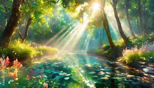 enchanting forest scenes where rays of sunlight majestically filter through the foliage  casting a magical glow upon the surroundings