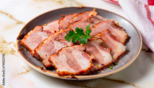 The of a photo of sliced pork belly garnished with coriander in a plate on a white marble serv