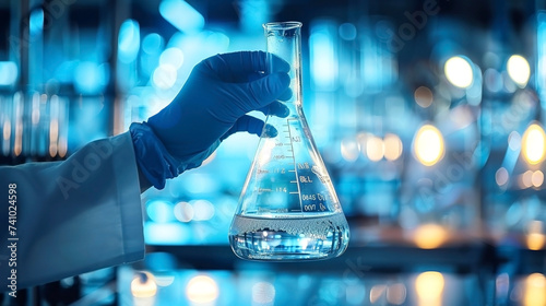 Hand of scientist holding flask with lab glassware on chemical laboratory background. AI Generated