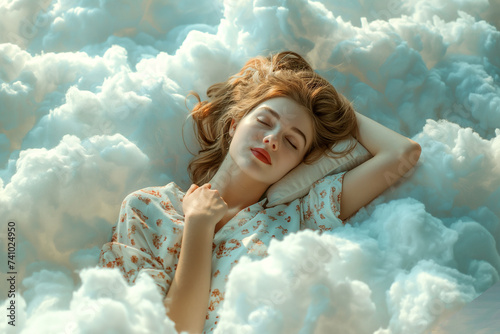 Beautiful woman is sleeping on the cloud in pajamas 02 photo