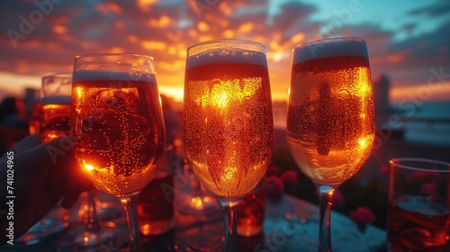 Sunset Toast. As the sun sets, the group of friends gathers on the rooftop, raising their glasses in a toast to friendship and success, enjoying the golden hues of the sky