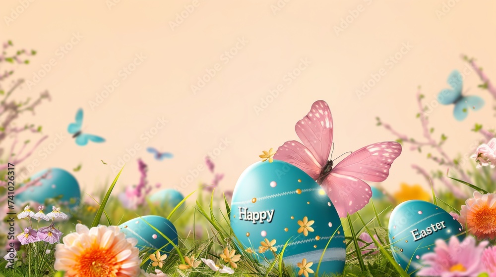 Blue easter eggs in grass and butterflies, in the style of light orange and pink, realistic scenery, light beige and yellow, commission for, spectacular backdrops, yellow and pink, canvas texture. - obrazy, fototapety, plakaty 