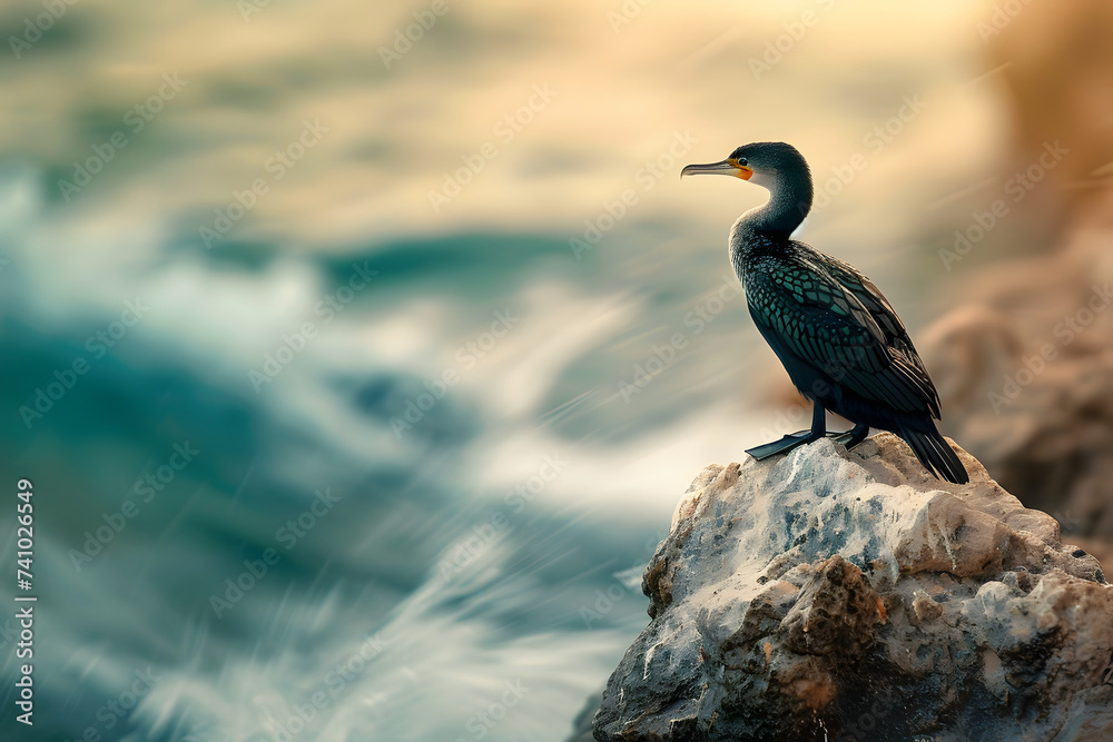 Fototapeta premium Socotra Cormorant Surveying from Limestone Rock with Water Vistas