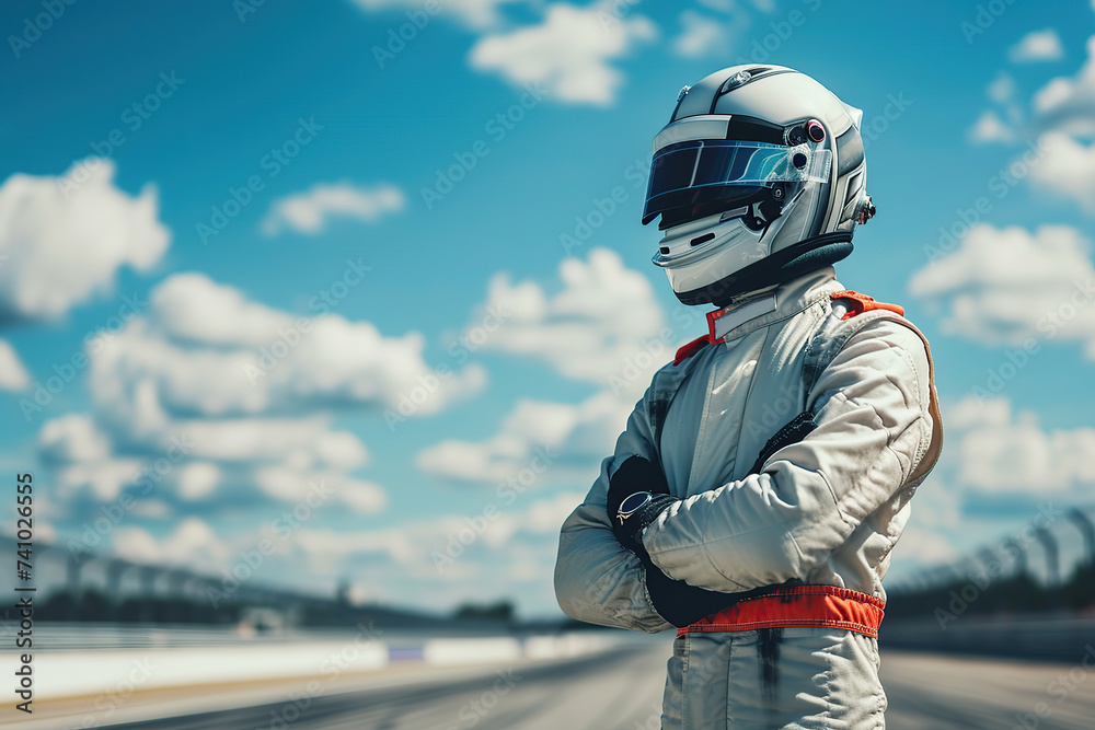 Race track and racer wearing helmet and uniform ready for race