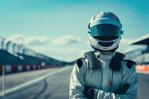 Race track and racer wearing helmet and uniform ready for race