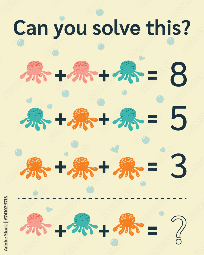 Math riddle for kids and adults. Picture equations, fun picture math worksheet. Vector format