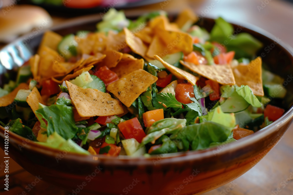 Mexican nachos chips in clay bowl on rustic background