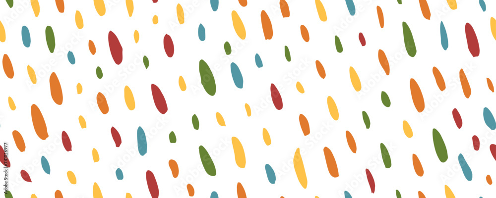 Colorful seamless pattern with brush drawn blobs and spots. Confetti background with various dashes and small doodle lines.
