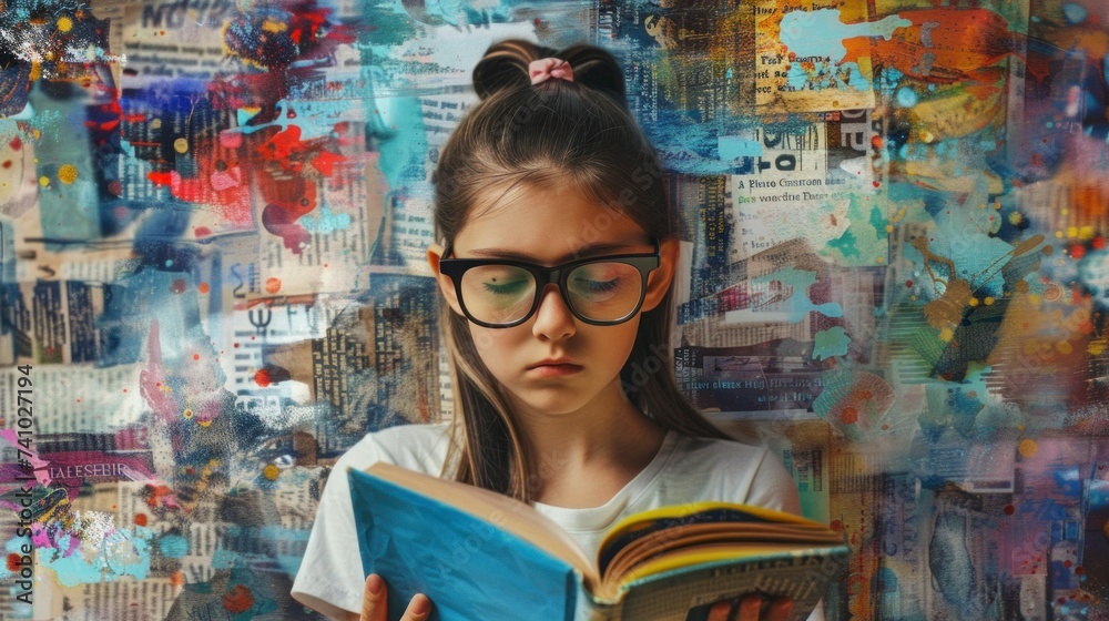 beautiful young girl with glasses in a library reading a book surprised