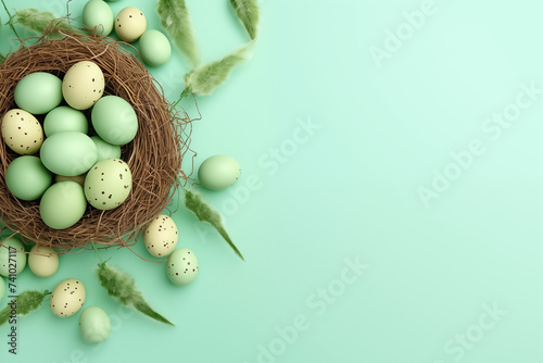 Easter poster and banner template with Easter eggs in the nest on light green background.Greetings and presents for Easter Day in flat lay styling.Promotion and shopping template for Easter