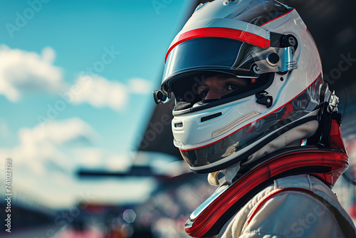 Race track and racer wearing helmet and uniform ready for race photo