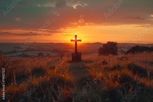 Experience a moment of profound solitude and contemplation as the empty cross on the hill is bathed in golden light, casting a long shadow on the ground, evoking a sense of peace and reflection
