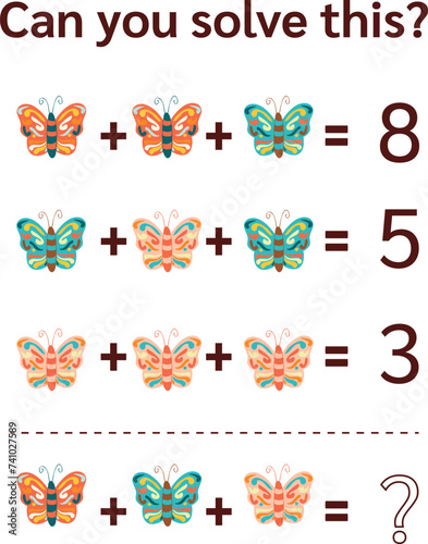 Math riddle for kids and adults. Picture equations, fun picture math worksheet. Vector format