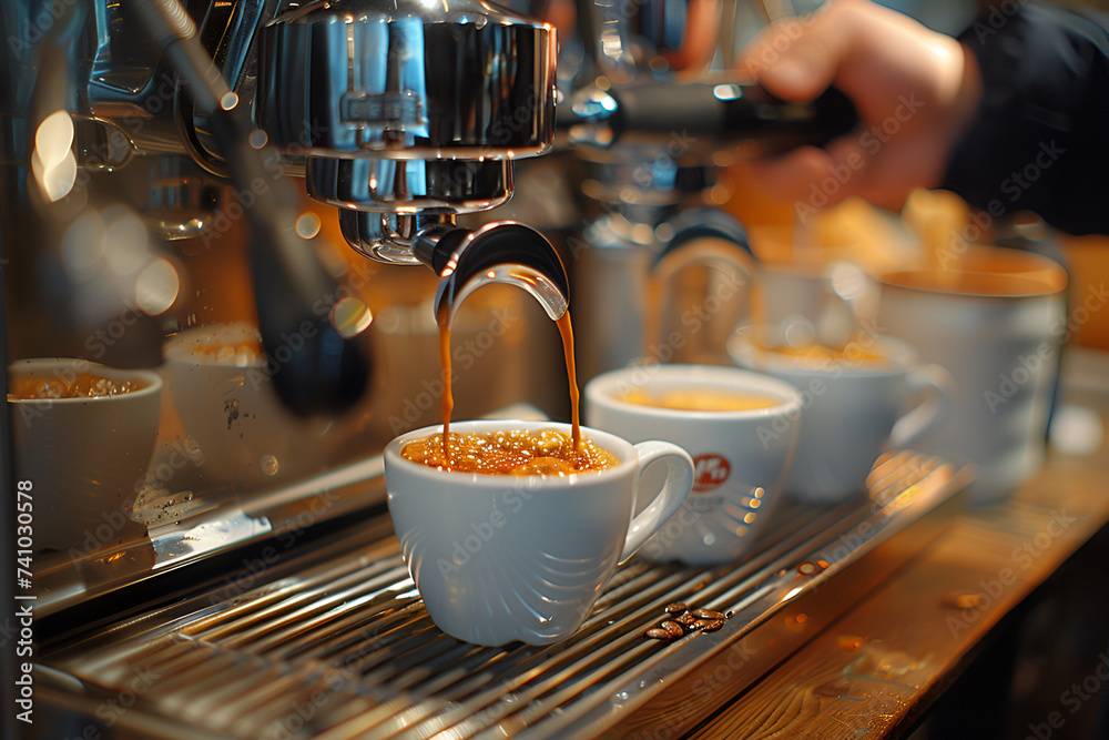 Espresso poruing from coffee machine at cafe - obrazy, fototapety, plakaty 